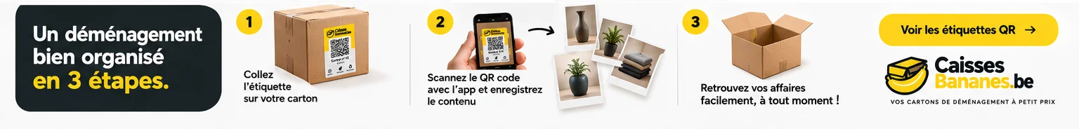 Un déménagement bien organisé en 3 étapes : collez l'étiquette, scannez et enregistrez le contenu, retrouvez vos affaires