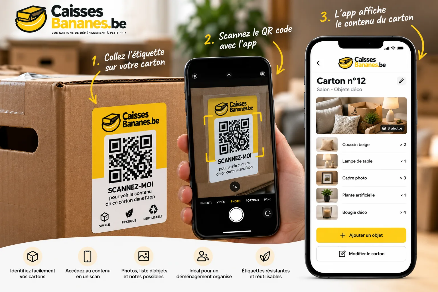 Collez l'étiquette QR sur le carton, scannez-la avec votre téléphone, le contenu du carton s'affiche